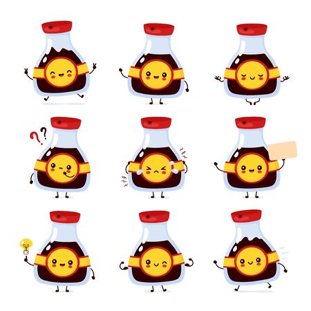 Cute happy funny soy sauce bottle set collection. Vector cartoon character illustration icon design.Isolated on white backgroundのイラスト素材