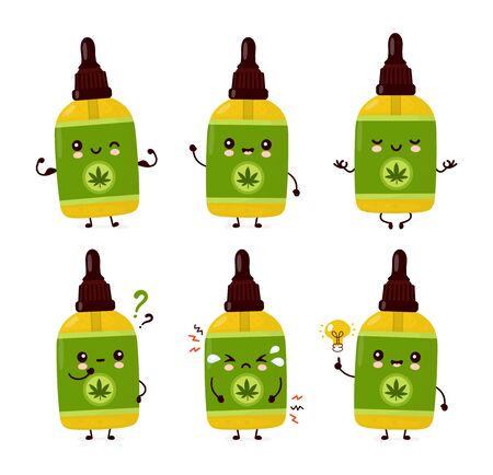 Cute happy funny cannabis CBD oil bottle set collection. Vector cartoon character illustration icon design.Isolated on white backgroundのイラスト素材