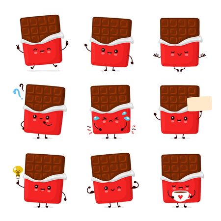 Cute happy funny chocolate bar set collection. Vector cartoon character illustration icon design.Isolated on white backgroundのイラスト素材