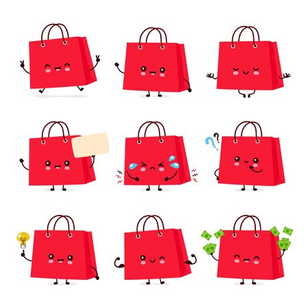 Cute happy funny shopping bag set collection. Vector cartoon character illustration icon design.Isolated on white backgroundのイラスト素材