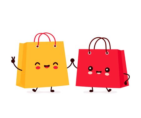Cute happy funny shopping bags. Vector cartoon character illustration icon design.Isolated on white backgroundのイラスト素材