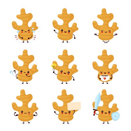 Cute happy funny ginger root set collection. Vector cartoon character illustration icon design.Isolated on white backgroundのイラスト素材