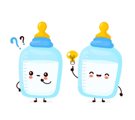 Cute happy baby bottle with nipple pacifier with question mark and idea light bulb. Isolated on white background. Vector cartoon character hand drawn style illustration. Kids nutrition conceptのイラスト素材