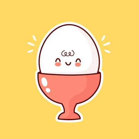 Cute funny boiled egg in cup. Vector cartoon character illustration icon design