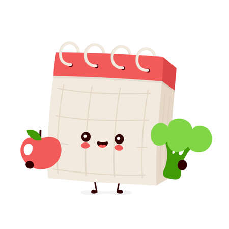 Cute smiling happy desk calendar with apple and broccoli. Vector flat cartoon character illustration.Isolated on white background. Desk calendar,diet conceptのイラスト素材