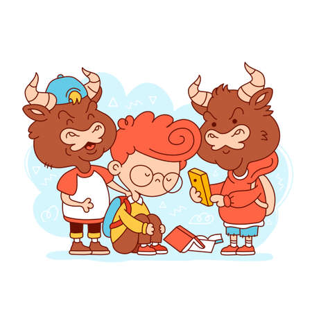 Kid getting bullied. Vector cartoon character flat line illustration. Isolated on white background. Bullying at school conceptのイラスト素材