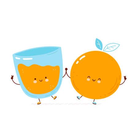 Cute happy orange and juice glass. Isolated on white background. Vector cartoon character hand drawn style illustrationのイラスト素材