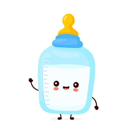 Cute happy baby bottle with nipple pacifier. Isolated on white background. Vector cartoon character hand drawn style illustration. Kids nutrition conceptのイラスト素材