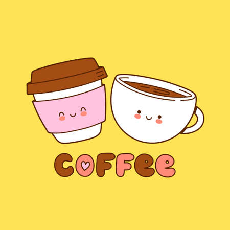 Cute coffee paper cup and mug. Vector cartoon character illustration icon designのイラスト素材