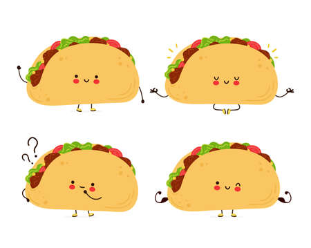 Cute happy funny taco set collection. Isolated on white background. Vector cartoon character hand drawn style illustrationのイラスト素材