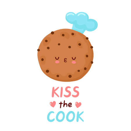 Cute cookie character. Isolated on white background. Vector cartoon character hand drawn style illustration. Kiss the cook print designのイラスト素材