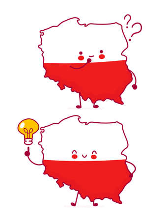 Cute happy funny Poland map and flag character with question mark and idea lightbulb. Vector flat line cartoon kawaii character illustration icon. Isolated on white background. Poland conceptのイラスト素材