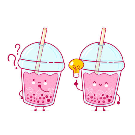 Cute happy funny bubble tea cup with question mark and idea lightbulb. Vector flat line cartoon kawaii character illustration icon. Isolated on white background. Boba, bubble tea conceptのイラスト素材
