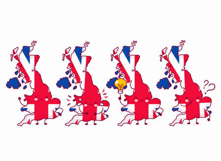 Cute happy funny United Kingdom map and flag character. Vector flat line cartoon kawaii character illustration icon. Isolated on white background. UK, England conceptのイラスト素材