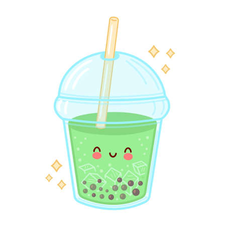 Cute happy funny bubble tea cup. Vector flat line cartoon kawaii character illustration icon. Isolated on white background. Boba, bubble tea conceptのイラスト素材