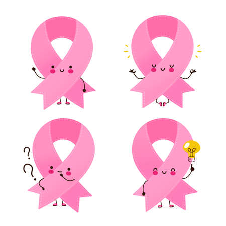 Cute happy funny pink ribbon character set collection. Vector flat line cartoon kawaii character illustration icon. Isolated on white background. Breast Cancer Awareness Month symbol conceptのイラスト素材