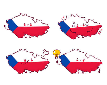 Cute happy funny Czech Republic map and flag character set collection. Vector flat line cartoon kawaii character illustration icon. Isolated on white background. Czech Republic conceptのイラスト素材