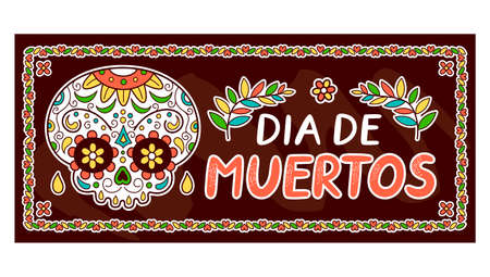 Mexican Day of the dead, Dia de Muertos concept. Vector flat line cartoon kawaii character illustration icon. Mexican Dia de Muertos bannerのイラスト素材