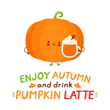 Cute happy funny pumpkin with latte mug. Isolated on white background. Vector cartoon character hand drawn style illustration. Enjoy autumn and drink pumpkin latte cardのイラスト素材