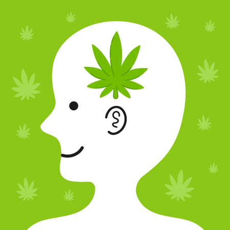 Cute human head in profile with marijuana leaf inside. Vector cartoon character illustration icon. Medical marijuana, weed conceptのイラスト素材