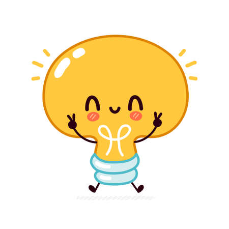 Cute funny light bulb, lamp character. Vector flat line cartoon kawaii character illustration icon. Isolated on white background. Lightbulb with face character mascot conceptのイラスト素材