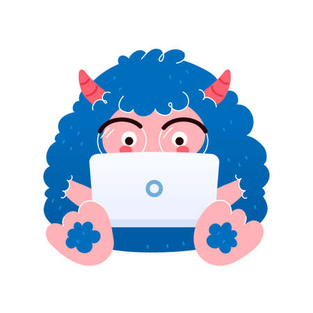 Funny yeti in glasses work with laptop. Vector flat cartoon kawaii character illustration icon. Isolated on white backgroundのイラスト素材