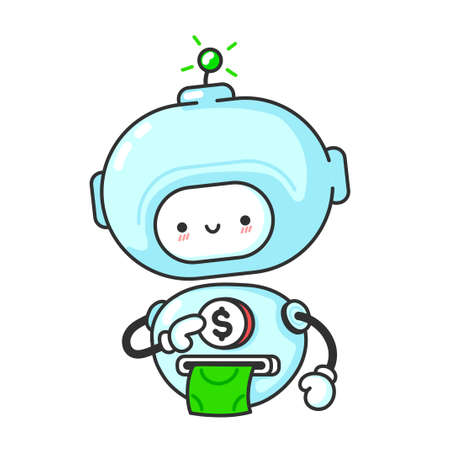 Funny cute robot, chat bot prints money. Vector flat line cartoon kawaii character illustration icon. Isolated on white background. Robot, bot mascot character conceptのイラスト素材