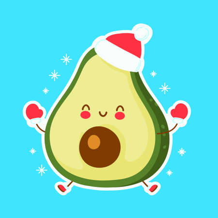 Cute happy funny christmas avocado. Vector cartoon character hand drawn style illustration. Christmas, New Year conceptのイラスト素材