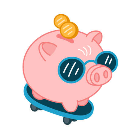 Funny piggy bank in sunglasses on skate. Vector flat line cartoon kawaii character illustration icon. Isolated on white background. Pig bank skateboarder character conceptのイラスト素材