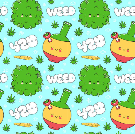 Weed marijuana seamless pattern. Vector flat cartoon kawaii character illustration icon design. Trippy,weed, 420 pattern conceptのイラスト素材