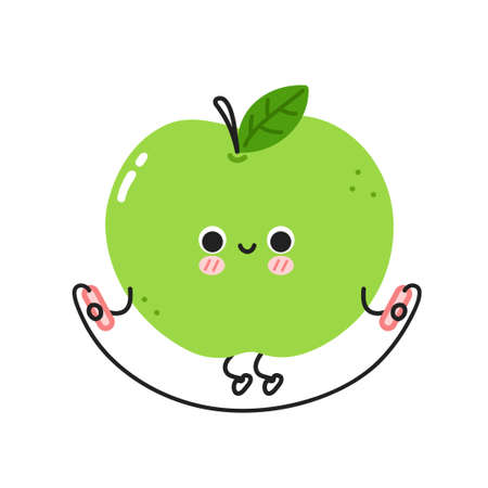Cute funny apple make gym with jump rope. Vector flat line cartoon kawaii character illustration icon. Isolated on white background. Apple fruit workout character conceptのイラスト素材