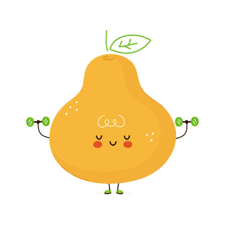 Cute funny Pear fruit with dumbbells. Vector hand drawn cartoon kawaii character illustration icon. Isolated on white background. Pear fruit gym conceptのイラスト素材