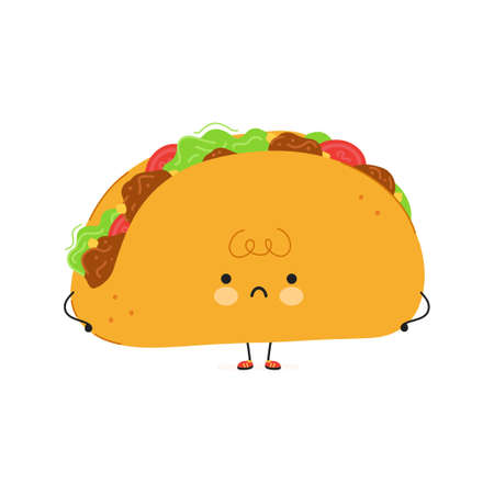 Cute sad Taco character. Vector hand drawn cartoon kawaii character illustration icon. Isolated on white background. Taco character conceptのイラスト素材