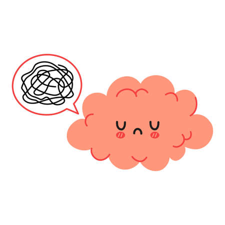 Cute funny brain character and speech bubble with tangle of messy thoughts. Vector cartoon kawaii character illustration icon. Isolated on white background. Brain in depression character conceptのイラスト素材