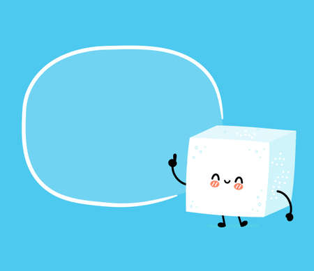 Cute funny happy sugar piece cube character withtext box. Vector flat line cartoon kawaii character illustration icon. Sugar cube character conceptのイラスト素材