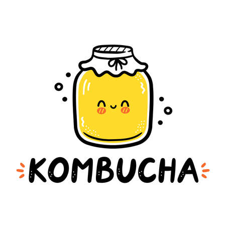Kombucha quote and cute happy jar logo. Vector hand drawn cartoon character illustration. Isolated on white background. Kombucha print for t-shirt,poster,card logo conceptのイラスト素材