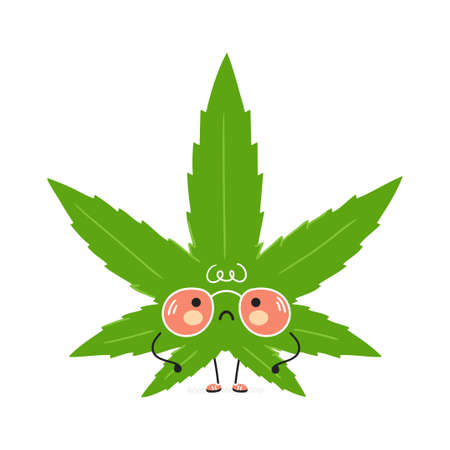 Cute sad Weed marijuana leaf character. Vector hand drawn cartoon kawaii character illustration icon. Isolated on white background. Weed marijuana leaf character conceptのイラスト素材
