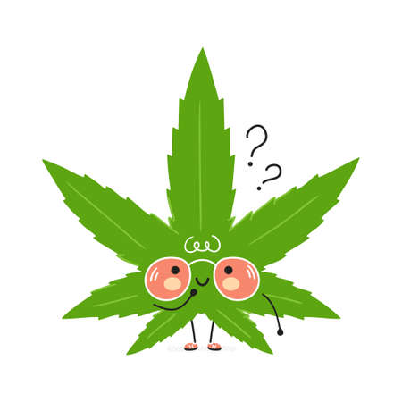 Cute funny Weed marijuana leaf with question marks. Vector hand drawn cartoon kawaii character illustration icon. Isolated on white background. Weed marijuana leaf think conceptのイラスト素材