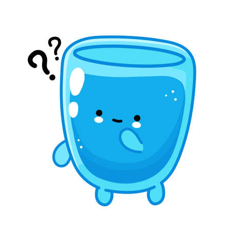 Cute funny happy water glass character with question marks. Vector flat line cartoon kawaii character illustration icon. Isolated on white background. Water glass character conceptのイラスト素材
