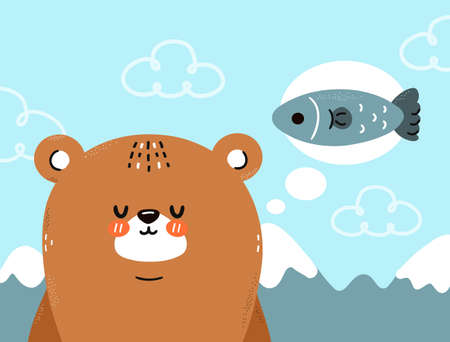 Cute funny bear dream about fish. Be brave quote. Vector scandinavian style cartoon character...