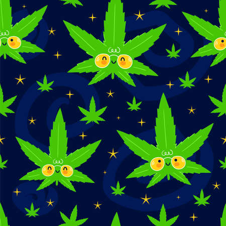 Cute funny happy weed marijuana leafs and stars in space seamless pattern. Vector kawaii cartoon illustration icon design. Cute weed marijuana seamless pattern conceptのイラスト素材