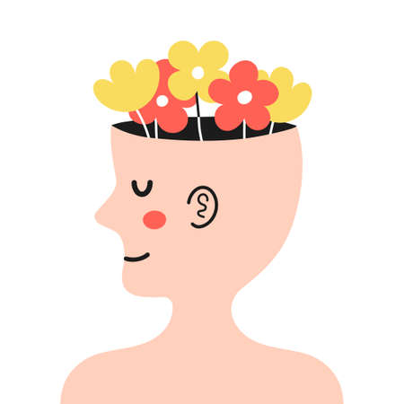 Cute human head in profile with flowers inside. Good mood, mental, emotional condition concept....