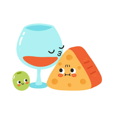 Cute funny wine glass kiss cheese. Vector hand drawn cartoon kawaii character illustration icon. Isolated on white background. Red wine, cheese and olive cartoon character conceptのイラスト素材