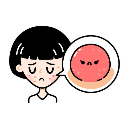 Cute sad teenage girl with angry scary acne. Vector hand drawn cartoon kawaii character illustration icon. Isolated on white background. Girl woman with acne problem on skin doodle character conceptのイラスト素材