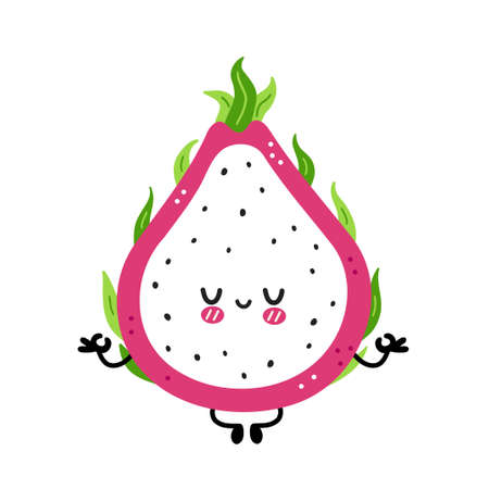 Cute funny dragon fruit meditate in yoga pose. Vector hand drawn cartoon kawaii character illustration icon. Isolated on white background. Dragon fruit, exotic food character conceptのイラスト素材