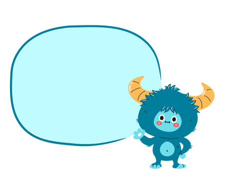 Cute funny yeti monster character with comic text box. Vector hand drawn cartoon kawaii character illustration icon. Isolated on white background. Yeti, Bigfoot baby cartoon character conceptのイラスト素材