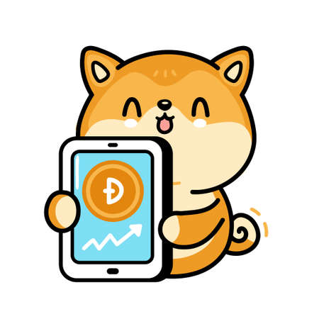 Cute funny akita inu dog with Dogecoin in smartphone character. Vector hand drawn cartoon kawaii character illustration. Isolated on white background. Cryptocurrency, dogecoin grow doodle characterのイラスト素材