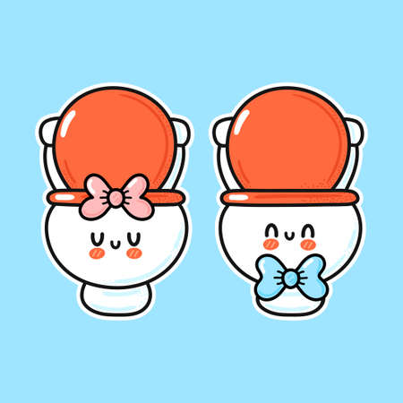 Cute funny happy white boy and girl toilet bowl. Vector hand drawn cartoon kawaii character illustration icon. Funny cartoon WC, man and woman toilet bowl,kids mascot symbols character conceptのイラスト素材