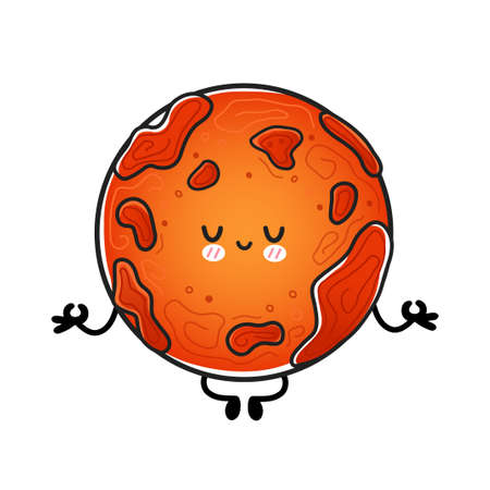Cute funny happy Mars planet meditate in yoga pose. Vector hand drawn cartoon kawaii character illustration icon. Isolated on white background. Space exploration, Mars planet cosmos character conceptのイラスト素材