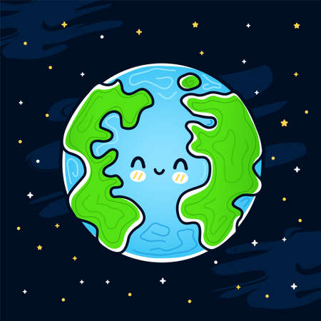 Cute funny happy smile Earth planet in space. Vector hand drawn cartoon kawaii character illustration icon. Earth in cosmos mascot character conceptのイラスト素材